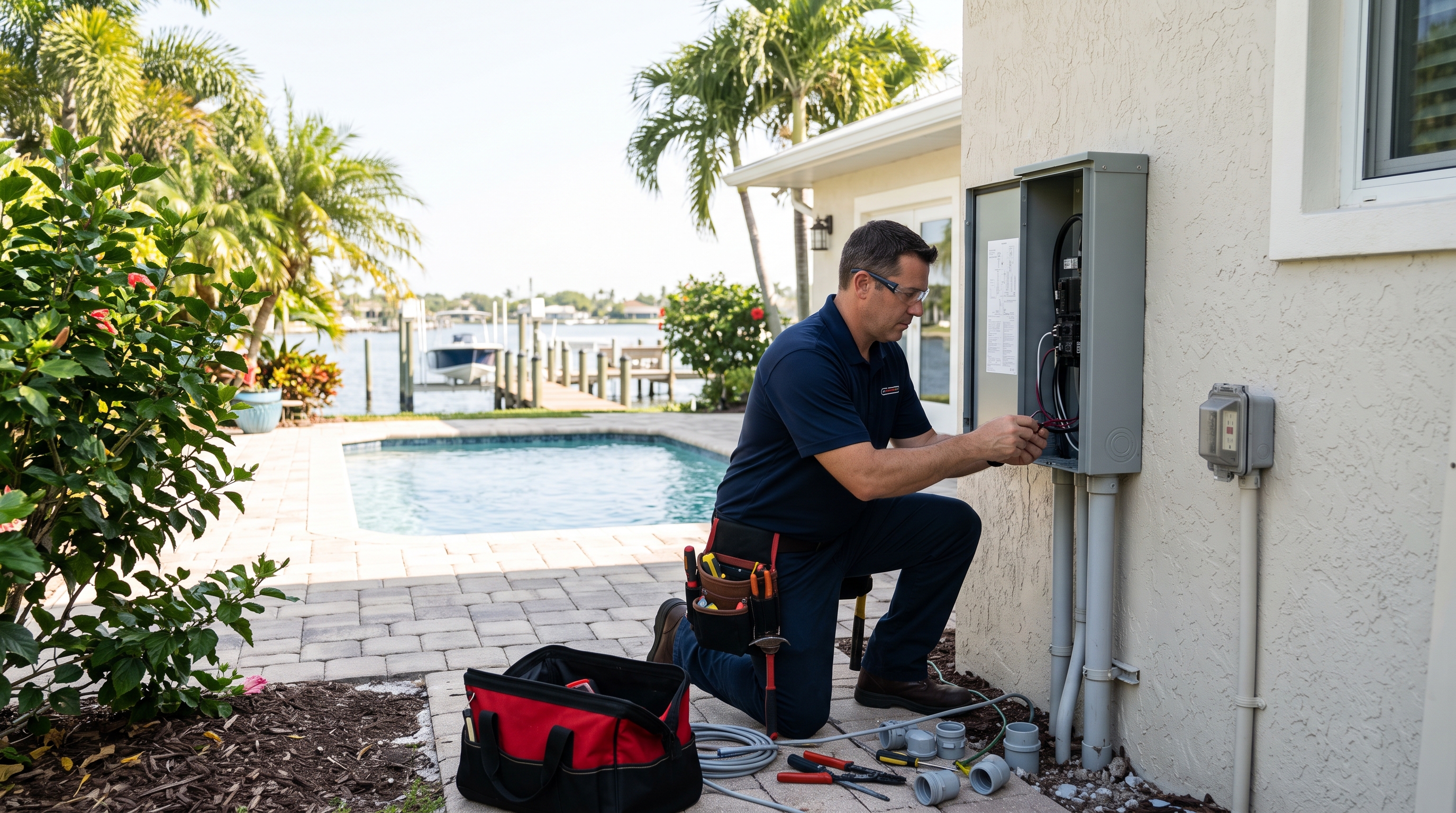 Electrician wiring outdoor electrical equipment near a Florida pool and waterfront dock