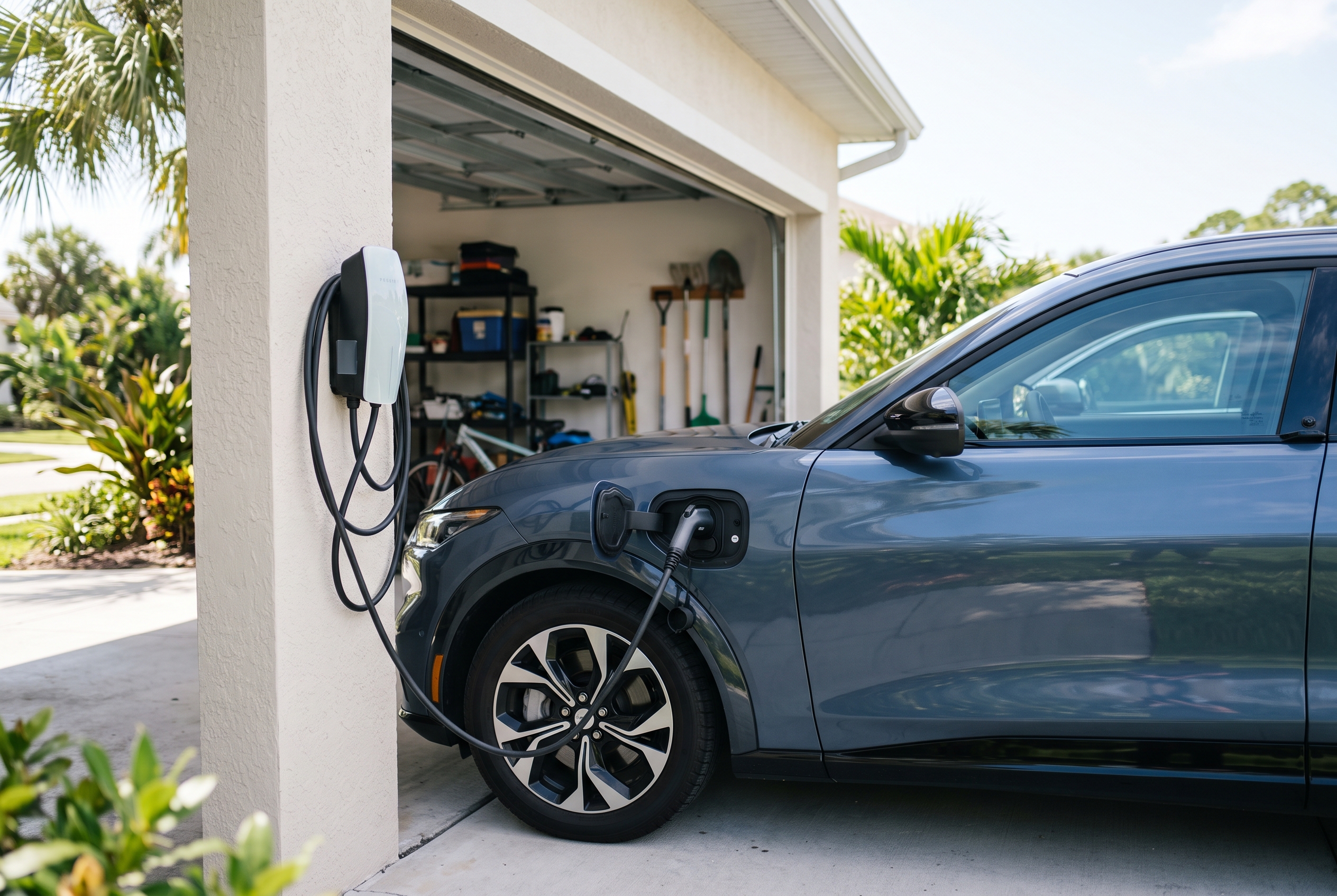 Electric vehicle charging from a Level 2 home charger in a Florida garage