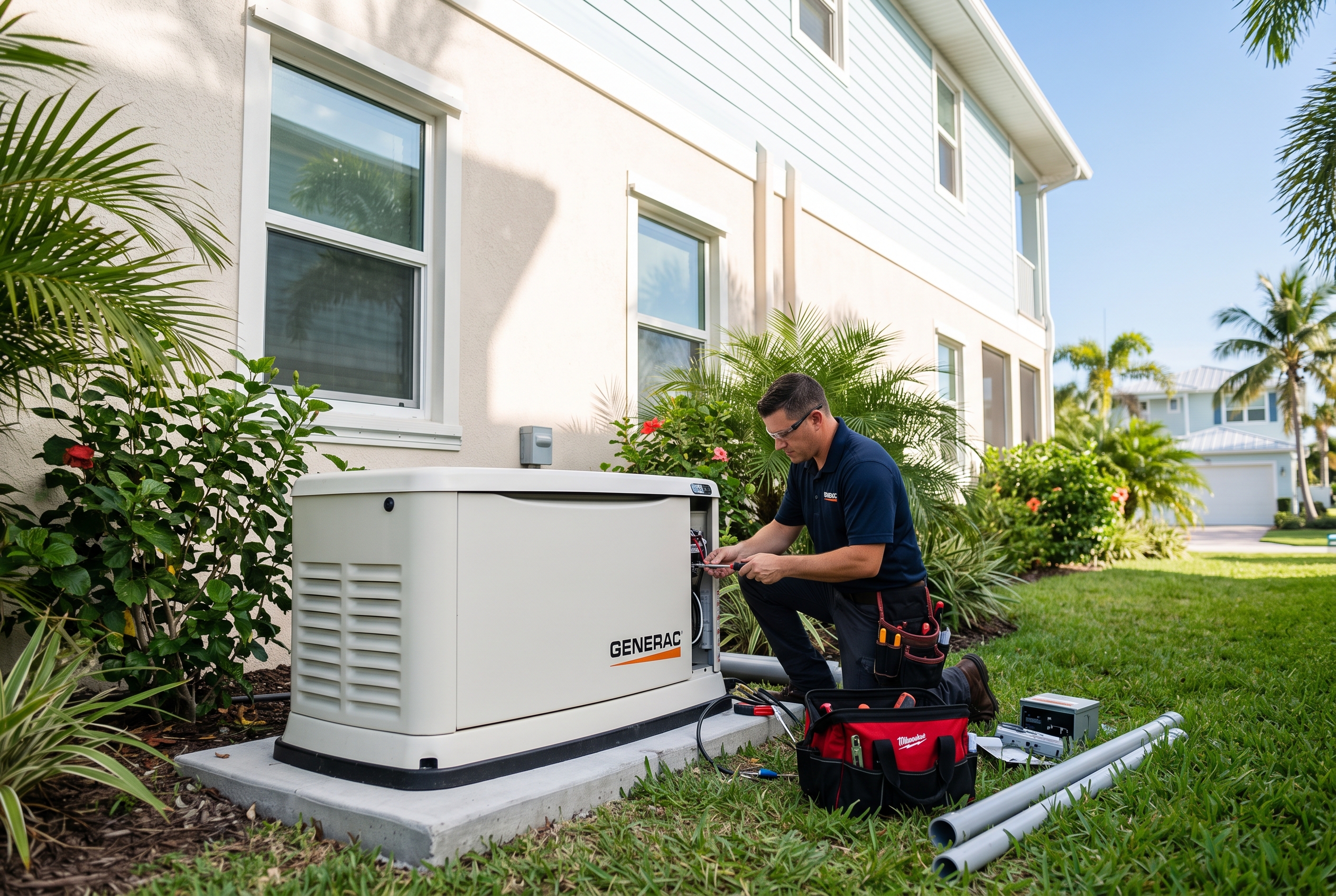 Electrician installing a Generac standby generator outside a Florida home