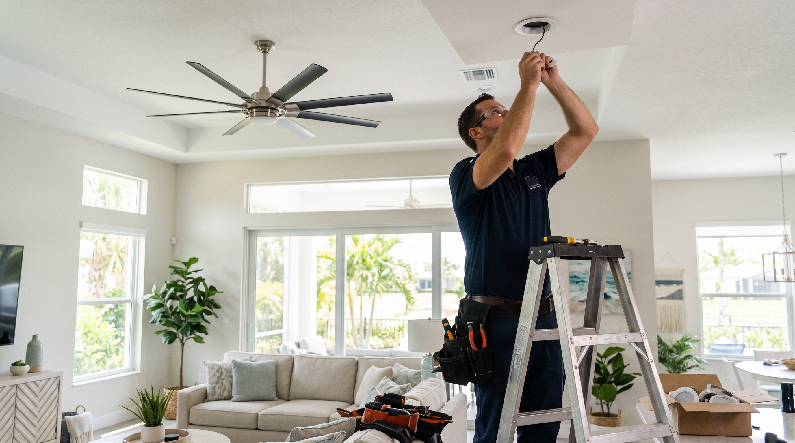 Electrician installing recessed LED lighting and a ceiling fan in a Florida home